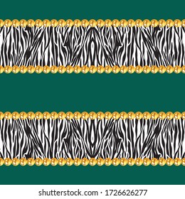 Seamless pattern of golden chains on green background with zebra skin. Repeat design ready for decor, fabric, prints, textile.
