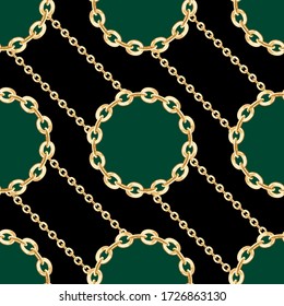Seamless pattern of golden chains on black background. Repeat design ready for fabric, prints, textile.