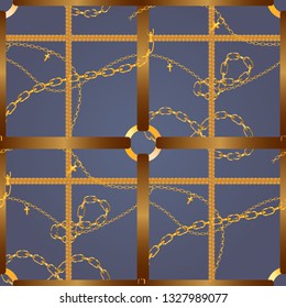Seamless pattern with golden chains and  ropes, braid, straps, golden rings and crosses leaves. Background for fabric design