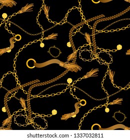 Seamless pattern with golden chains and ropes, braid, straps, golden rings and crosses leaves. Background for fabric design