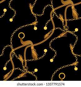 Seamless pattern with golden chains and ropes, braid, straps, golden rings and crosses leaves. Background for fabric design
