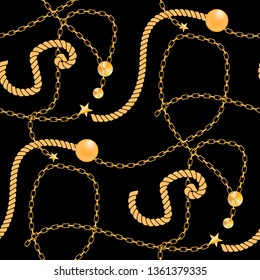 Seamless pattern with golden chains and ropes, braid, straps, golden rings and crosses leaves. Background for fabric design 