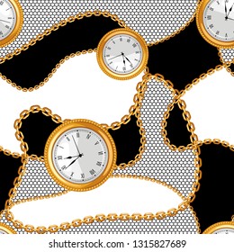 Seamless pattern with golden chains and watches. Vintage luxury precious background.