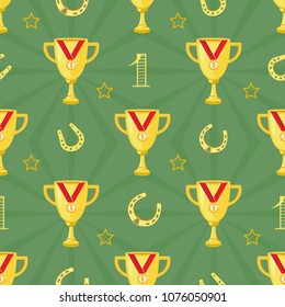 Seamless pattern with golden champion cups, medals and lucky horseshoes