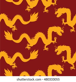 seamless pattern with golden Chinese Dragons silhouettes 