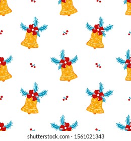 Seamless Pattern of Golden Christmas Bell with Red Bow. Background of Hand Drawn Doodle Jingle Bells with Ribbon and Holly Berries and Leaves. Winter Holidays, Christmas and New Year Vector Design
