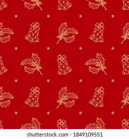 Seamless Pattern of Golden Christmas Bell. Red Background of Hand Drawn Doodle Jingle Bells with Holly Berries and Leaves. Winter Holidays, Christmas and New Year Vector Design