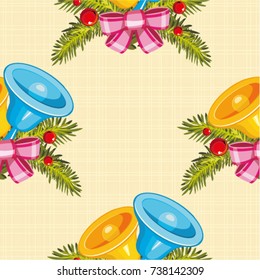 Seamless pattern with Golden christmas bells with Christmas tree branch Vector Illustration EPS8