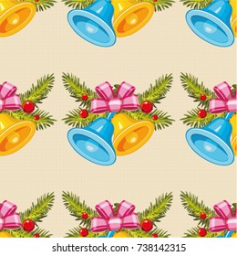 Padrão sem emenda com sinos de Natal dourados com árvore de Natal ramo Vetor Ilustração EPS8