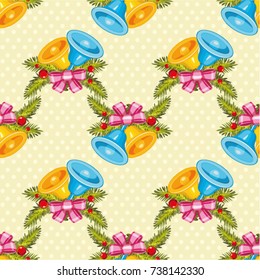 Seamless pattern with Golden christmas bells with Christmas tree branch Vector Illustration EPS8