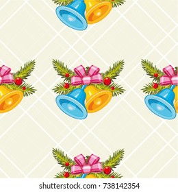 Seamless pattern with Golden christmas bells with Christmas tree branch Vector Illustration EPS8