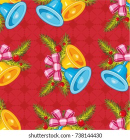 Seamless pattern with Golden christmas bells with Christmas tree branch Vector Illustration EPS8