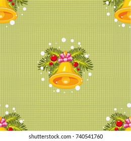 Seamless pattern with Golden christmas bells with Christmas tree branch Vector Illustration EPS8