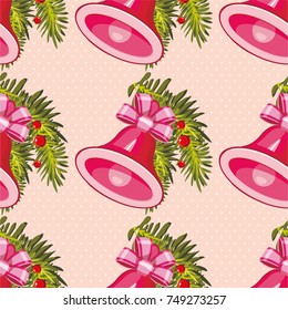 Patrón sin inconvenientes con las campanas de navidad doradas con la rama del árbol de Navidad Feliz Año Nuevo Vector Ilustración EPS8