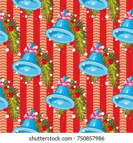 Seamless pattern with Golden christmas bells with Happy New Year Christmas tree branch Vector Illustration EPS8