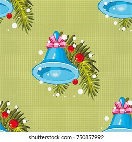 Patrón sin inconvenientes con las campanas de navidad doradas con la rama del árbol de Navidad Feliz Año Nuevo Vector Ilustración EPS8