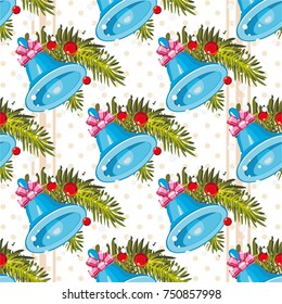 Seamless pattern with Golden christmas bells with Happy New Year Christmas tree branch Vector Illustration EPS8