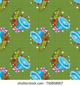 Seamless pattern with Golden christmas bells with Happy New Year Christmas tree branch Vector Illustration EPS8