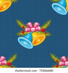 Seamless pattern with Golden christmas bells with Christmas tree branch Vector Illustration EPS8