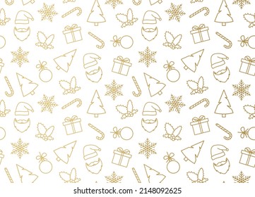 seamless pattern of golden christmas icons. Santa Claus, snowflake, gift, christmas tree, candy cane, baubble and holly berry - vector illustration