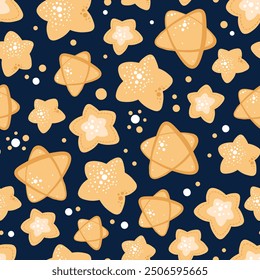 Seamless pattern with golden Christmas stars. Vector holiday texture in flat style. Suitable for wallpaper, wrapping paper, fabric, etc