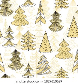Seamless pattern with golden Christmas trees on white. Christmas or New Year background. Vector illustration. Perfect for holiday invitations, postcards, cover design templates, wallpaper, wrapping.