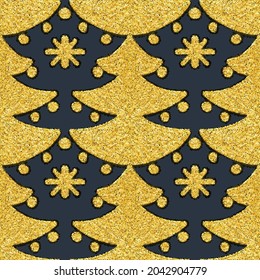 Seamless pattern with golden  Christmas trees. Drawing with dots. Vector illustration.