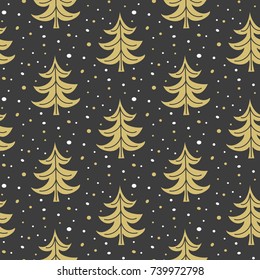Seamless pattern with golden christmas trees on the black background. Vector illustration.
