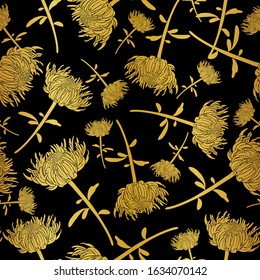 Seamless pattern of golden chrysanthemum flower on black background