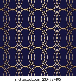Seamless pattern with golden circle line and dots on blue background, vector illustration.