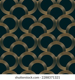 Seamless pattern with golden circles on deep green background. Vector illustration. Fabric print. 