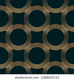 Seamless pattern with golden circles on deep green background. Vector illustration. Fabric print.