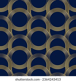 Nahtloses Muster mit goldenen Kreisen auf tiefblauem Hintergrund. Vektorgrafik.
