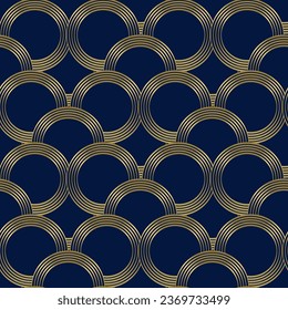 Patrón sin brillo con círculos dorados sobre fondo azul profundo. Impresión vectorial. Patrón vintage.