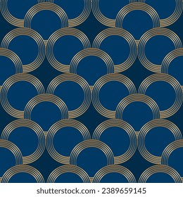 Seamless pattern with golden circles on deep blue background. Vintage print. Luxury style