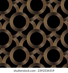 Seamless pattern with golden circles on black background. Luxury print.Vector background