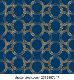 Seamless pattern with golden circles on deep blue background. Vector illustration. Luxury print