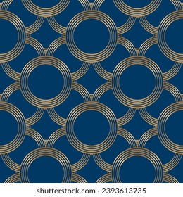 Seamless pattern with golden circles on deep blue background. Vector illustration. Luxury print