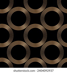 Seamless pattern with golden circles on black background. Vector pattern. Art deco style. Vintage print