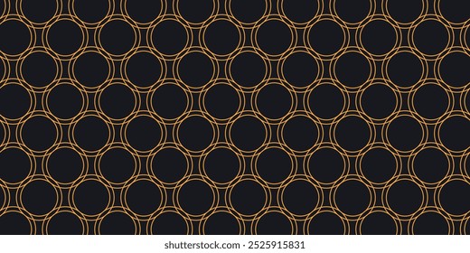 Patrón sin fisuras con círculos dorados sobre fondo negro. Fondo de impresión de lujo.Vector