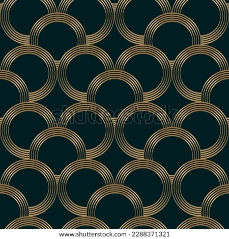 Seamless pattern with golden circles on deep green background. Vector illustration. Fabric print. 