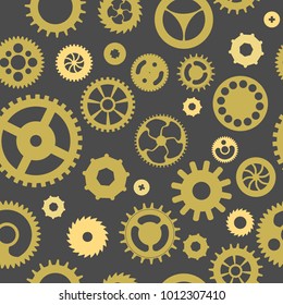 Seamless pattern of golden clock parts on dark background. Vector illustration.