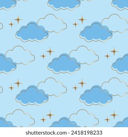 Seamless pattern with golden clouds and stars on light blue. Vector background. Textile print. Seamless pattern