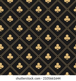 Seamless pattern with golden clubs. Casino gambling, poker background. Alice in wonderland ornament. Fantasy wallpaper.