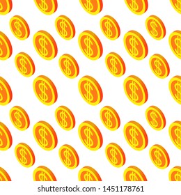 Seamless pattern with golden coins falling down money. Business success, bank credits, deposit, investment, saving, fortune concepts. Modern flat design. Vector illustration. EPS