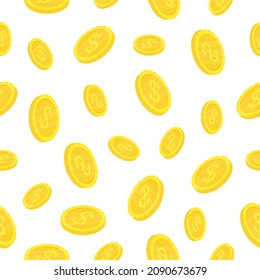 Seamless pattern with golden coins. Falling dollar coins. Vector illustration on white background