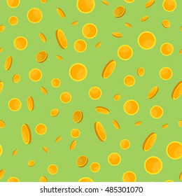 Seamless pattern with golden coins falling down. Cartoon style. Golden money. Business success, bank credits, deposit, investment, saving, fortune concepts. Modern flat design. Vector illustration.
