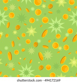 Seamless pattern with golden coins falling down and star splashes. Cartoon style. Golden money. Business success, bank credits, deposit, investment, saving, fortune concept. Modern flat design. Vector