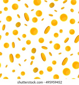 Seamless pattern with golden coins falling down. Cartoon style. Golden money. Business success, bank credits, deposit, investment, saving, fortune concepts. Modern flat design. Vector illustration.