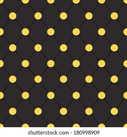 Seamless pattern of golden coins on black back. Different currencies.